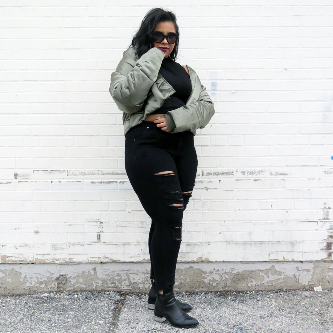 Danielle George wears an Asos bomber and Jeffrey Campbell booties.