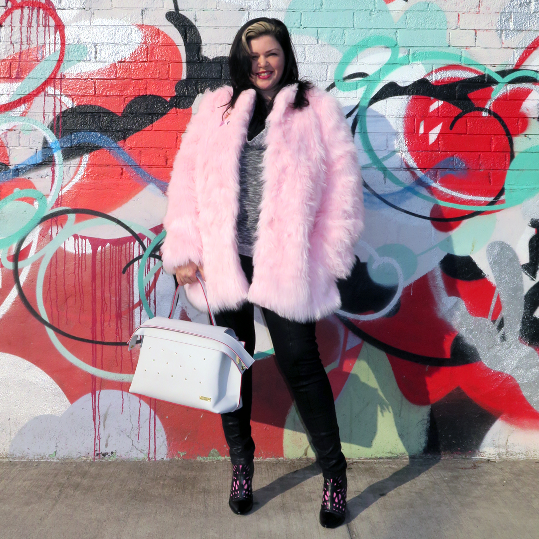 Gail McInnes wears a Hilary MacMillan faux fur coat and Koda Nivoli tote.