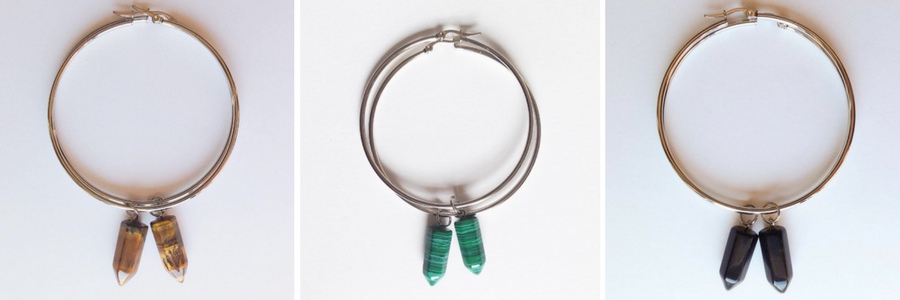 Eleventh House Jewellery Silver hoop earrings in tigers eye, malachite and Onyx. All images via Eleventh House Jewellery.